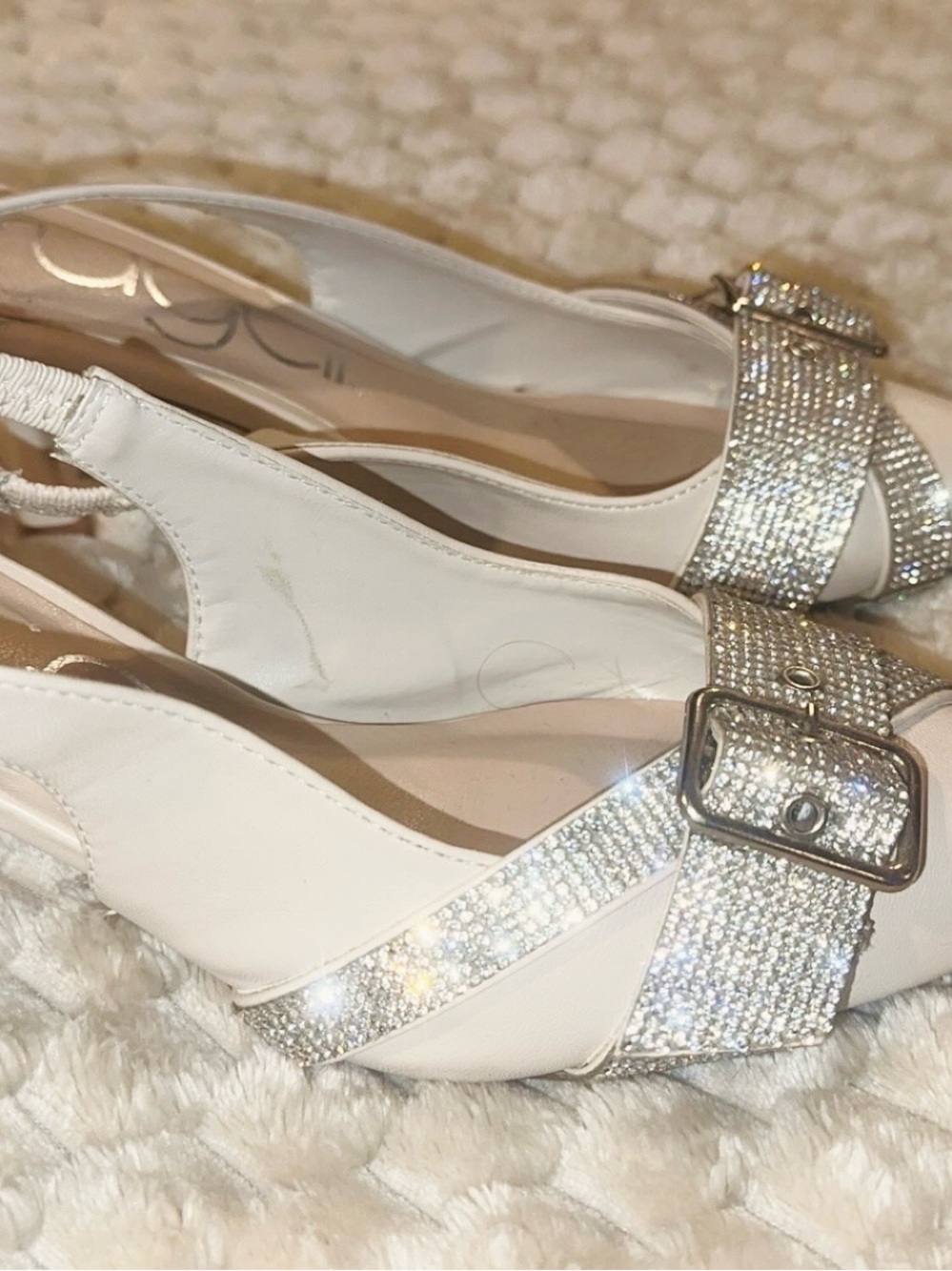 Crystal Buckle Slingback Heels - White